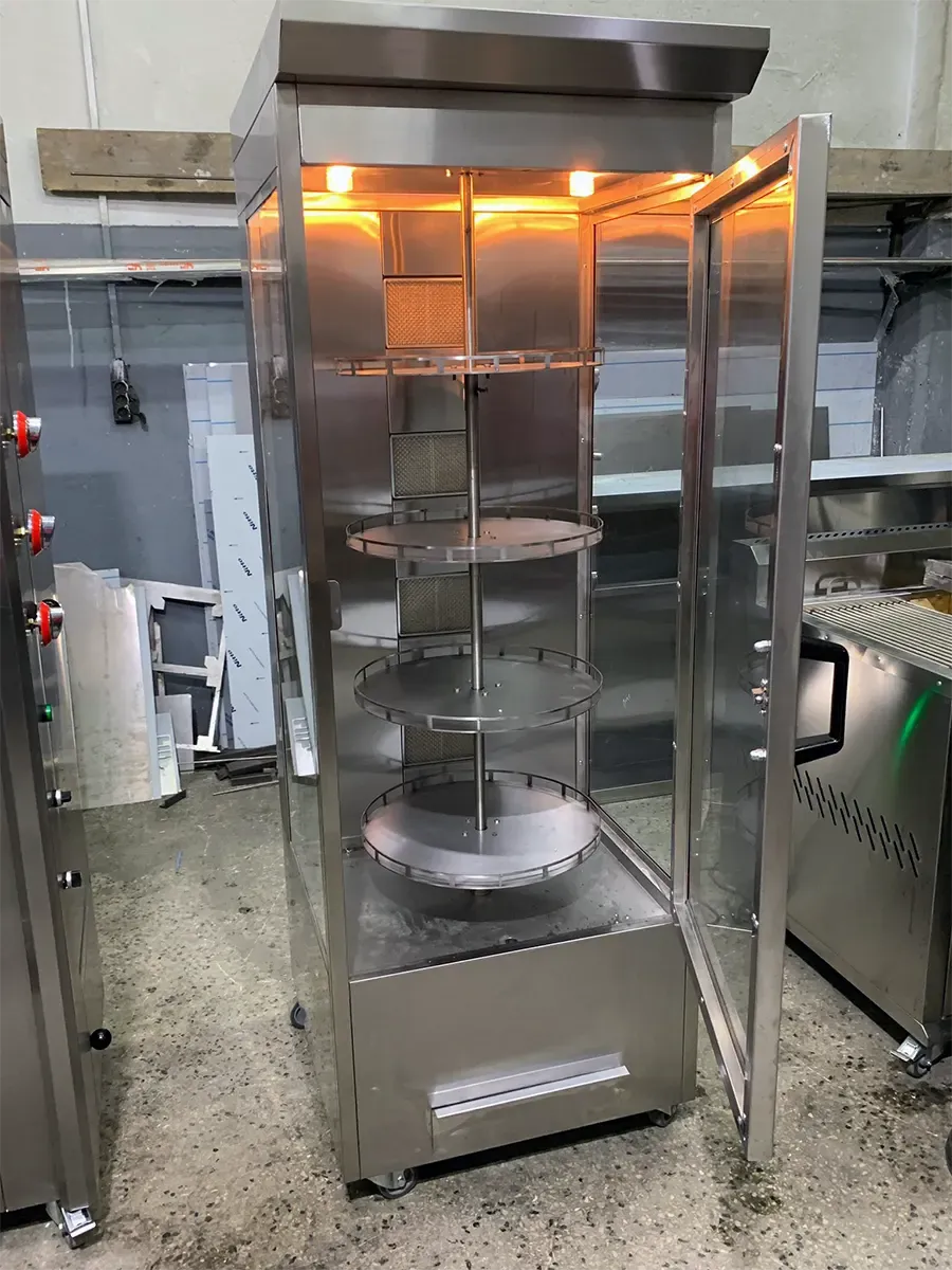 شواية دجاج رأسية بنظام الصواني – 70×85×200 سم، 4 شعلات، دوران أوتوماتيكي